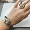 Adjustable Thick Chain Bracelet Ring Sets Big Teardrop Stone Cool 2 pcs Jewelry sets for women9641793