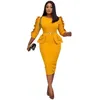 Plus size 3xl Mulheres 3/4 Manga High Caist Ruffles Midi Office Office Ladies Chic Vestido de trabalho