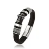 Retro estilo aço inoxidável charme charme braceletes trança preto marrom bracelete de couro genuíno