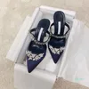 Mode-luxe Populaire Sandalen Schoenen Satijn Muilezels Dames Pumps Leaf Crystal-Embellishment Slippers Sexy Puntige Toe Dame Hoge Hakken