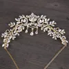 Kmvexo Gold Bridal Luxury Teardrop Crystal Leaf Shape Tiara Crown Women Bridal Wedding Party Hair JewelryヘッドピースY200409