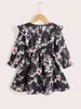 Toddler Girls Floral Print Flounce Sleeve Ruffle Hem Belted Dress SHE