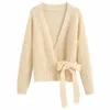 Kvinnor tröja grå beige rosa fasta KINITIONED CARTYN SASHES V-HECK Sweater Casual Loose Style Female Clothes 201203