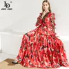 Ldlindadella Summer FashionRUNWE MAXI Sukienka Kobiety Dot Mesh Rękaw Ruffles Red Floral Print Eleganckie Długie Dresses 201204