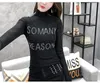 Europäische Mode Damen Rollkragen Langarm figurbetonte Tunika T-Shirts Strass gepatchte Buchstaben Muster Shirts SMLXLXXL3XL