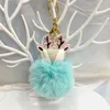 Cute Leather Elk Plush Pompom Keychains Women Solid Color Fluffy Faux Fur Ball Key Chain Handbag Hanging Bags Key Ring Pendant