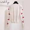 Makuluya Herbst Frühling Frauen Pullover Kirsche Stickerei Muster All Match Jacket Mäntel Langarm Kurz Strick Cardigans LJ200818