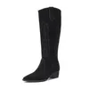 Nagie czarne zamszowe haftowane kolano wysokie buty kobiety spiczaste palce kociakowe obcasy zimowe długie buty Flats Knight1