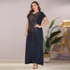 Sisakia Plus Taille Robe longue perlée brodée Bleu foncé Vintage Casual Maxi Robes Été 2020 Lâche Col en V Manches courtes Nouveau LJ200818