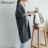 Streamgirl Automne Long Trench-Coat Pour Femmes Coton Lin Lâche Long Cardigan Grande Taille Automne Coton Kaki Trench Grande Taille 201102