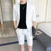 Men Suit Set Slim Fit Half Sleeve Knee Length Pants Korean Style Mens Clothing Pink White Summer Suit Jacket with Short Pant 201106