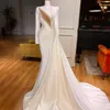 2021 New Elegent Sexy Mermaid Wedding Dresses High Neck Keyhole Long Sleeves Crystal Pearls Court Train Satin Custom Formal Bridal Gowns