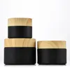wholesale Black frosted glass cosmetic jars with woodgrain plastic lids PP liner 5g 10g 15g 20g 30 50g lip balm cream containers