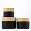 Black frosted glass cosmetic jars with woodgrain plastic lids PP liner 5g 10g 15g 20g 30 50g lip balm cream containers