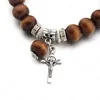 Madeira contas de metal cruz pingente pulseiras para mulheres dos homens Sorte Jóias Jesus Charme Yoga Pulseira Man presente