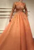 Skromny pomarańczowy z długim rękawem Prom Dresses 2022 Aplikacje 3D Linia Sheer Neck Długość Suknie Wieczorowe Formalne Vestidos Custom Mad