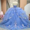 Light Sky Blue Beaded Ball Gown Quinceanera Klänningar Sweetheart Neck Sequined Prom Gowns Appliqued Sweep Train Tulle Sweet 15 Dress