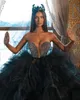 Black Ball Gown Wedding Dresses Sheer Plunging Neck Rhinestones Beaded Bridal Gowns Tiered Sweep Train Plus Size Tulle Vestidos De Novia 407