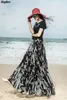 맞춤 제작 된 여름 새로운 패션 브랜드 높은 허리 검은 인쇄 Pleated 쉬폰 치마 여성 요정 큰 스윙 맥시 긴 스커트 T200113