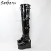 Sorbern Thigh High Chunky Buckle Boot Wedges Platform High Heels 5 Inch Round Toe Custom Drag Queen Crossdresser Boots Cosplay