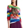 Lyxiga tröjor Kvinnor Mjuka Fur Pullovers Cartoon Letters Stickade Tröjor Rainbow Striped1