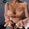 Newasia Poleka Dot Blouse Женщины Сетчатые Рубашки Розовые Топы Милая Декольский Фонарный Рукав Ручка Ручка Рушана Белый Blusas Винтажная рубашка LJ200811