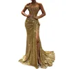 Glitter Gold Sequins Mermaid Evening Dresses 2022 Off Shoulder Side High Slit Long Formal Dress V-neck Plunging Prom Pageant Gowns Sparkly Special Occasion Wear