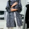 Lady Striped Silver Fox Fur Coat Lång med ullfodral Vår Höst Gratis Frakt Lyxig Elegant Plus Storlek Kläder Grön Krage 201212
