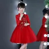 Requintado estilo chinês crianças menina festa de aniversário vestidos criança vermelho mangas compridas outono flor menina cheongsam vestido g1218