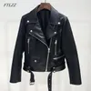 New Autumn Women Pu Leather Jacket Woman Zipper Belt Short Coat Female Black Punk Bomber Faux Leather Outwear310O