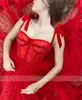 Sweetheart Bow Paski Zipper Pleys Herbata Długość Red Prom Dress A-Line Tulle Suknia