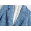 أنيقة أنيقة مجوهرات زرقاء مزدوجة الصدر تويد سترة أزياء المرأة أنيقة بدوره أسفل طوق معطف الإناث شيك قميص 201026