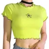 2020 Crop Top T-Shirt Kleidung Frauen Floral Print Rüschen Neck Damen T-Shirt Kurzarm Frau T-shirts Schlank Sexy Harajuku Tops