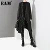 [EAM] Coupe ample noir évider ruban plissé grande taille veste nouveau col en V à manches longues femmes manteau mode printemps 1D756 201112