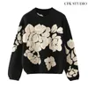 Herfst winter bloemenprint trui vrouwen gebreide pullover femme truien hoogwaardige gebreide oversized zwarte trui jumper 201203