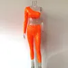Shiny Orange Sequins Two 2 Piece Set One Shoulder Slope Long Sleeve Crop Top Mid-Calf Pencil Pants 2 Pcs Outfits Party Clubwear T200810