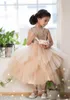 Champagne Ball Gown Flower Girl Dresses For Weddings Sequined Toddler Pageant Gowns Tulle Tea Length Tiered Kids Prom Dress