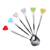 Colorful Long Handle Stainless Steel Spoons Ice Cream Tea Coffee Dessert Spoon Heart-shaped Porcelain handle 15cm