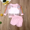 Enfants été vêtements enfant en bas âge enfants bébé fille maille manteau gilet pantalon tenue 3 pièces Sunsuit coloré arc-en-ciel rayé ensemble