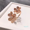 fashion Copper Plated Glossy Clover Open Double Flower Ring Women Rose Gold Stainless Steel Rings For Party Gift Jewelry for women257b