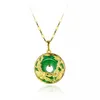 Pendant Necklaces MGFam (173P) Dragon and Phoenix Pendant Necklace For Women Green Malaysian Jade China Ancient Mascot 24k Gold Plated with 45cm Chain
