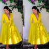 Yellow Bright Prom Dresses Long Sleeves with Pockets Satin Tea Length Sexy Deep V Neck Custom Made Evening Party Gowns Plus Size