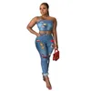 Dames Cartoon Patchwork Denim 2pcs Ensembles Tendance De La Mode Sling Gilet Tops Jeans Skinny Femmes Costumes Designer Été Femme Sexy Pantalon Deux Pièces