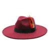 9.5cm Big Brim Fedora Chapéus Mulheres Homens Outono Inverno Roung Top Mulheres Chapéus Com Banda Pena Sólida Khaki Marfim Jazz Tampão de Jazz Chapéus