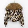 Натуральная овечья кожаная куртка большой меховой воротник леопардовый цвет Новая мода высокое качество 100% подлинной овчины Wintershort Coats 201103