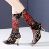 Buty Damskie Kostki Rozciągliwe Kwiatowe Wydrukowane Metalowe TEE Mieszane Kolory Stilettos Złote High Heel Buty Ciepłe Winterspring Style