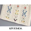 KPYTOMOA Women Fashion Floral Embroidery Cropped Knitted Sweater Vintage O Neck Short Sleeve Female Pullovers Chic Tops 201221