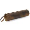 Genuine Leather School Pencil Case Vintage Pen Box for Girls Boys Pencilcase Black Round Zip Penal Cartridge Bag Stationery Kit5060457