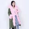 Fashion Natural Real Woman Parks Hooded Long Army Green Manteau Fur Leather Winter Warm Coat Women LJ201021