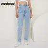 Aachoae Mode 100% coton Mom Jeans Femmes Taille haute Poches solides Cowboy Pantalon Zipper Fly Long Denim Crayon Pantalon 201223